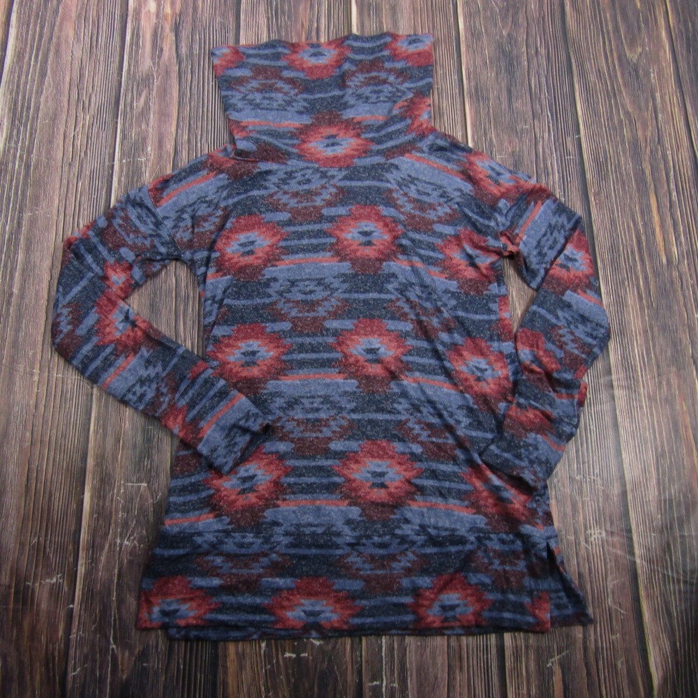 Bobeau Cowl Neck Tunic Women Small Blue Red Aztec Southwestern Knit Top